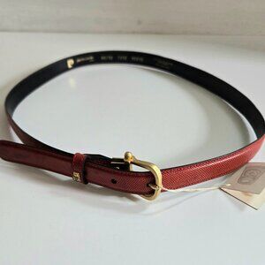 70s Pierre Cardin Red Leather Skinny Belt w Gold Logo Buckle | 31.5 - 37\
